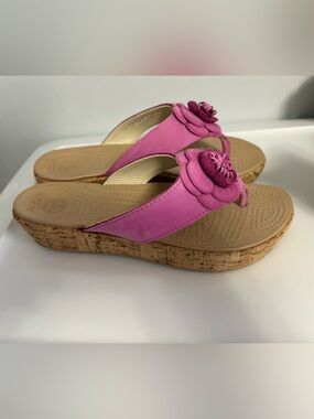 CROCS Pink Floral Cork Wedge Thong Sandals